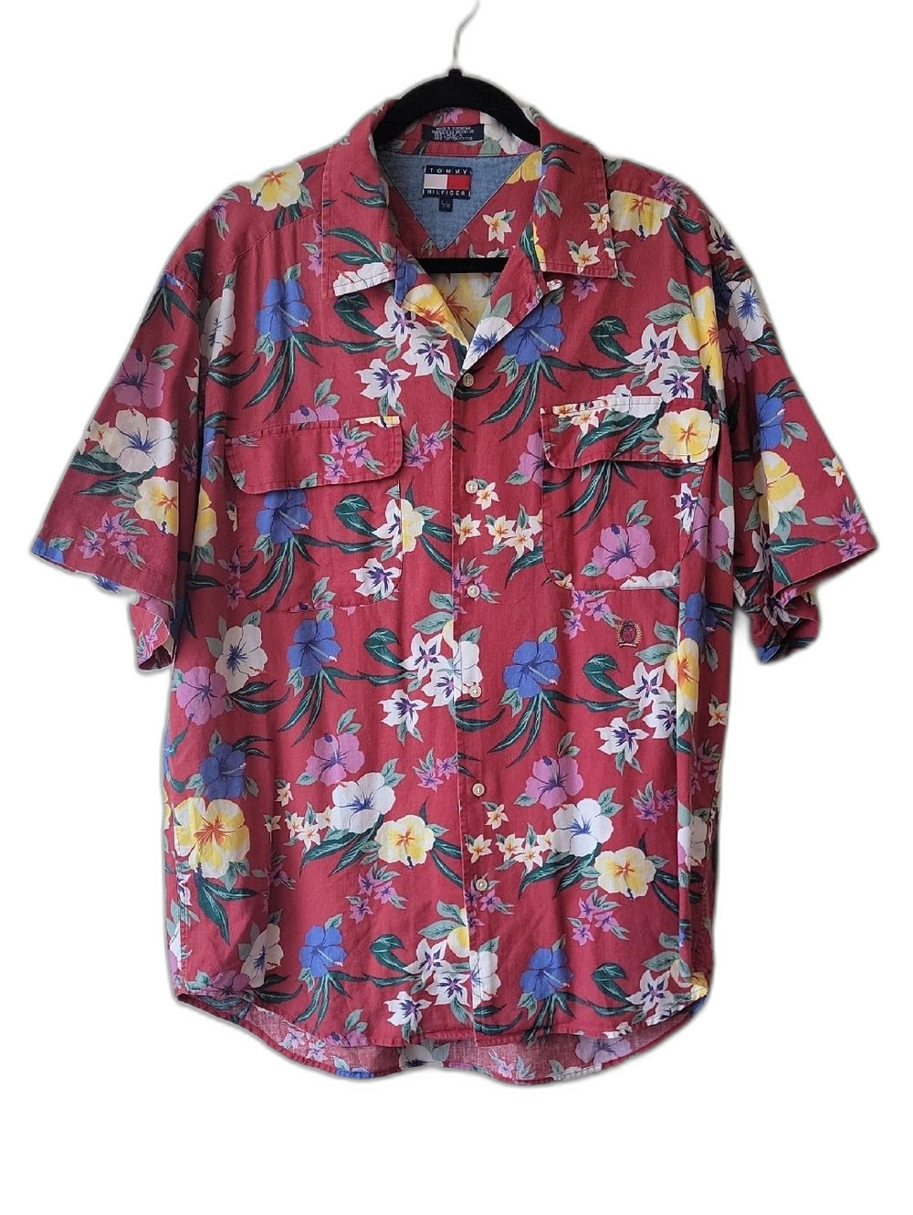 Tommy Hilfiger Hawaiian Short Sleeve Linen Blend Button Down Shirt Red Size L